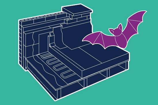 Illustration of a bat flying over a flat roof build-up